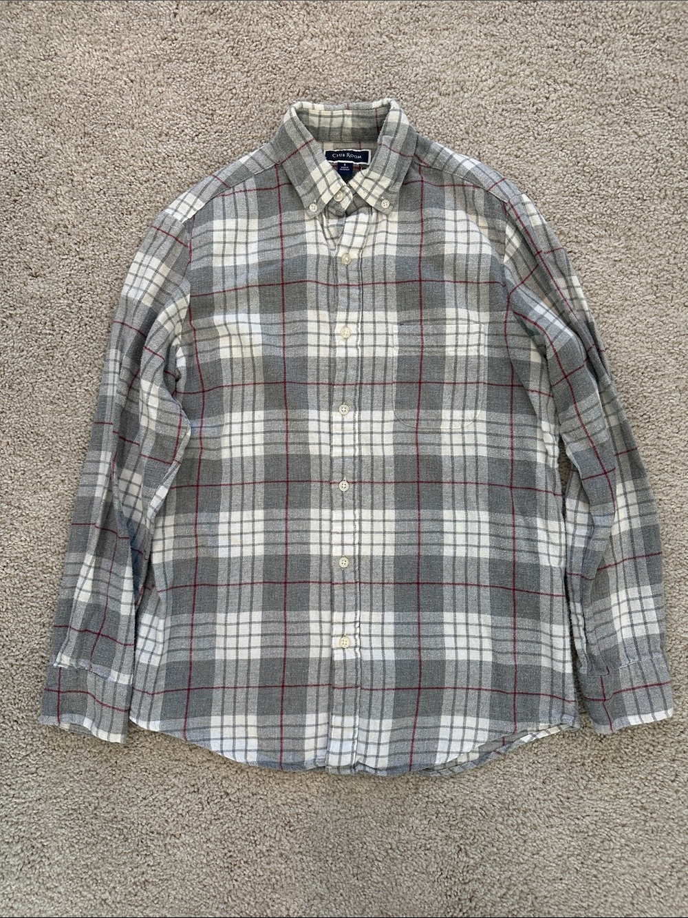 Club Room Gray White Plaid Button-Down Shirt with Red Windowpane